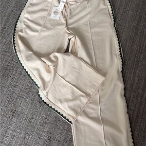 Anthropologie daily PRACTICE Cream Track Pants with lace Green Trim